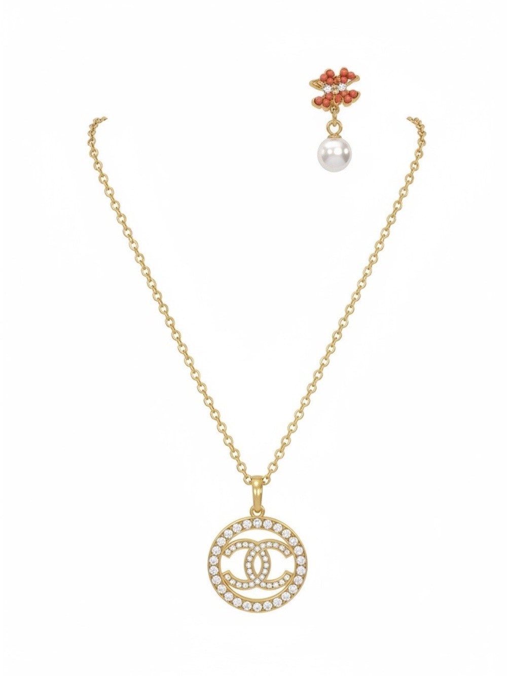 Gold Crystal Interlocking Pendant Necklace with Pearl Accent - Women Jewelry